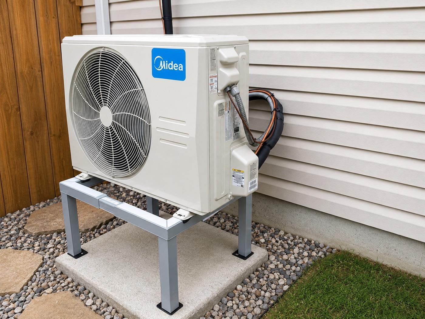 Central air conditioning condenser installed on a landscaped bed beside an Ottawa home