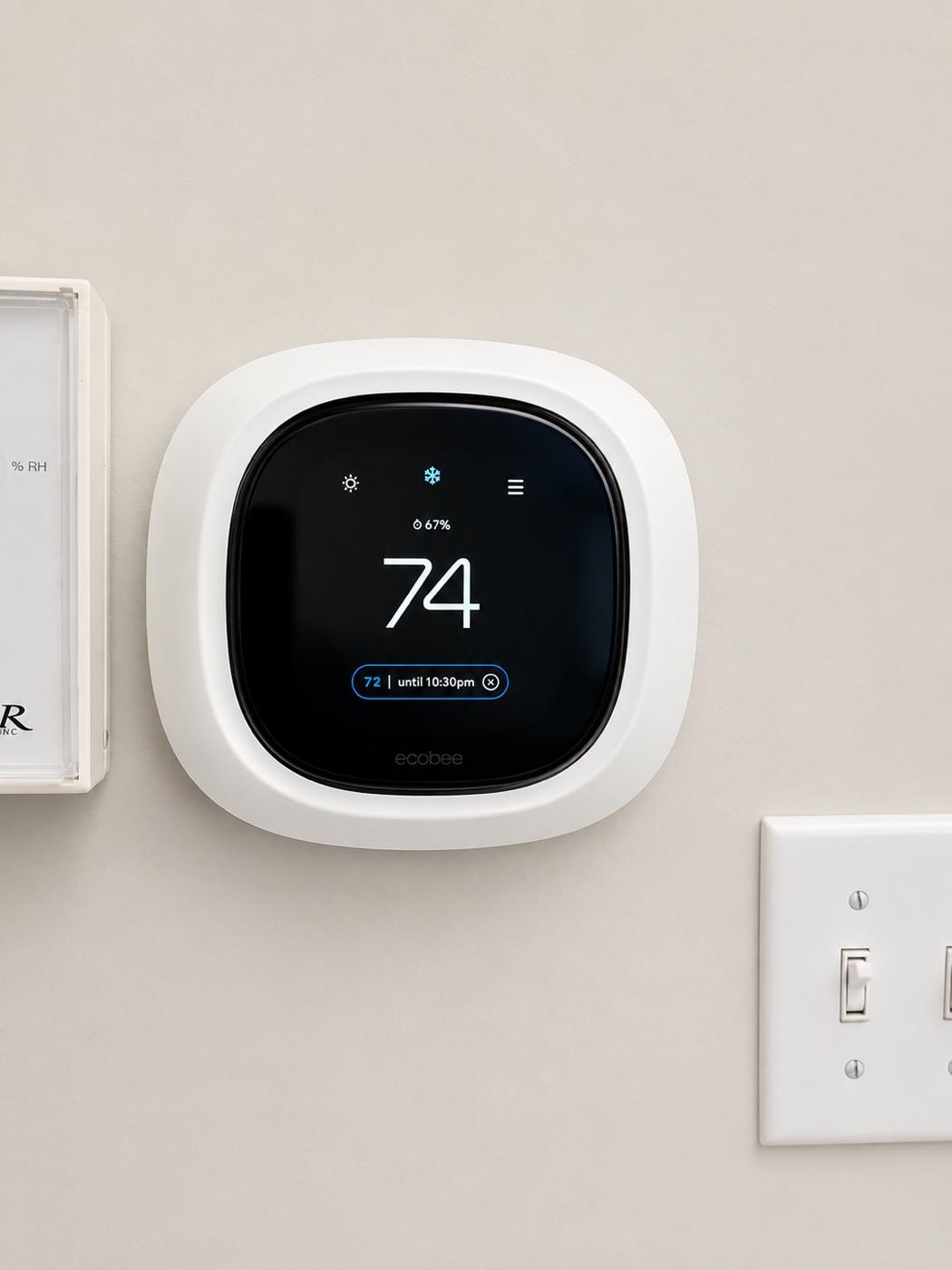 Ecobee smart thermostat mounted on a living room wall showing indoor temperature