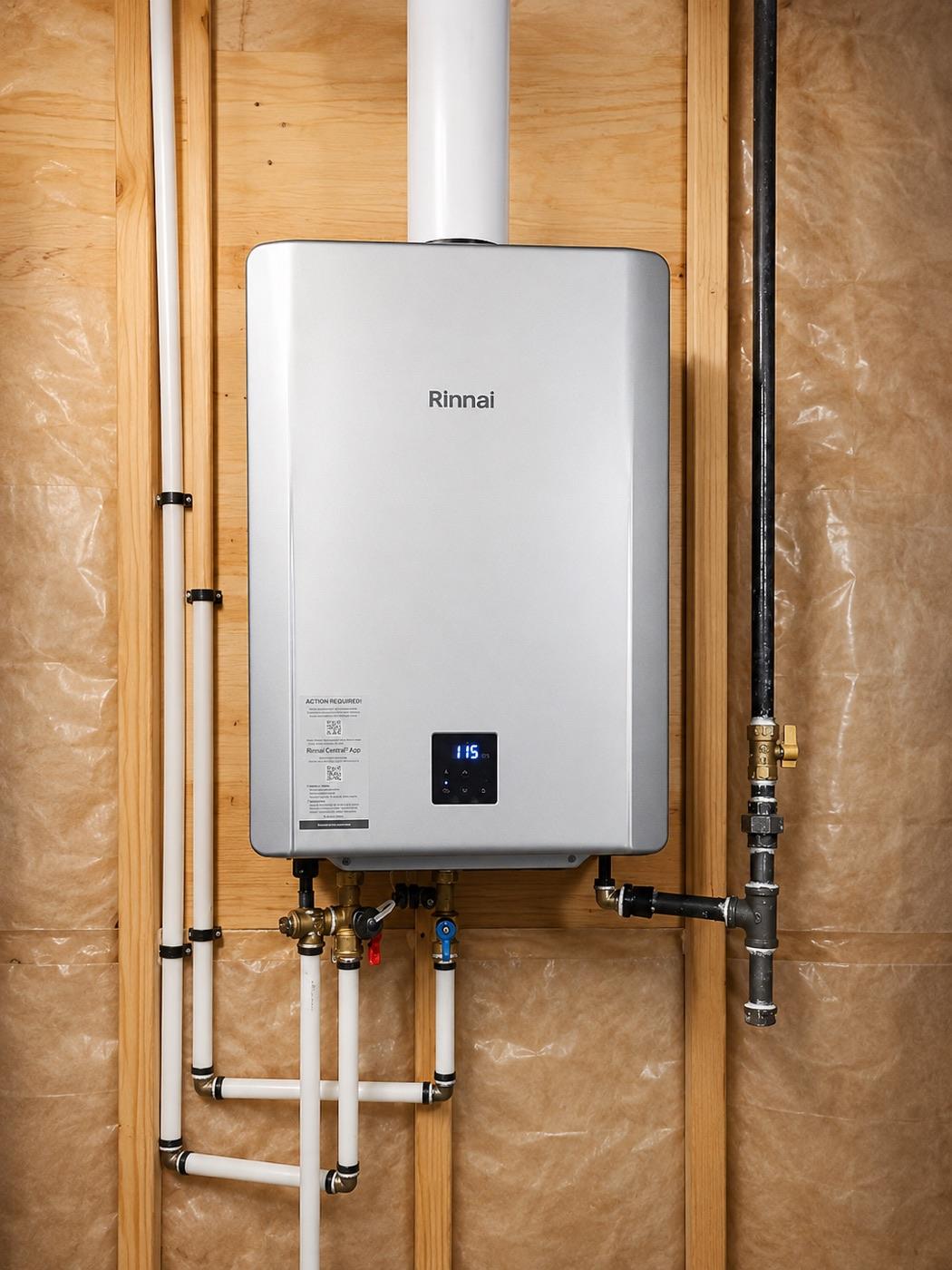 Rinnai tankless water heater mounted on a framed basement wall with copper and PEX lines